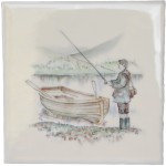 Cut out of hand painted fly fishing country square tile with an ivory background