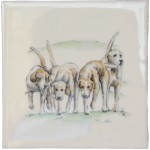 Cut out of hand painted fox hound dogs square tile with an ivory background