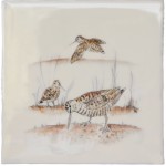 Cut out of hand painted woodcock birds square tile with an ivory background