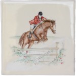 Cut out of hand painted horse jumping square tile with an ivory background