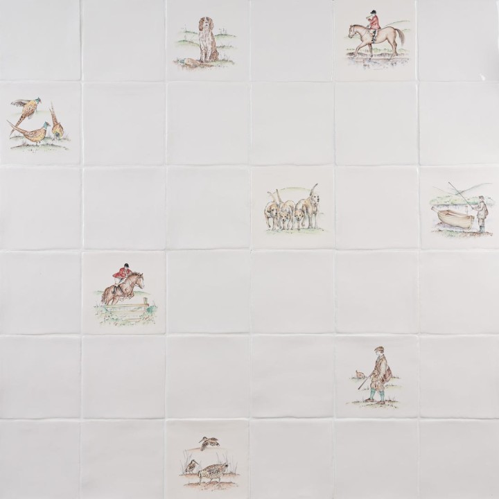 Wall of sporting scene country activities square tiles featuring horse riding, pheasants flying and spaniels.