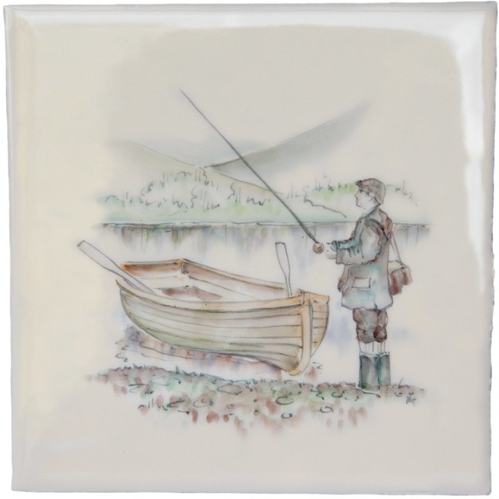 Cut out of hand painted fly fishing country square tile with an ivory background