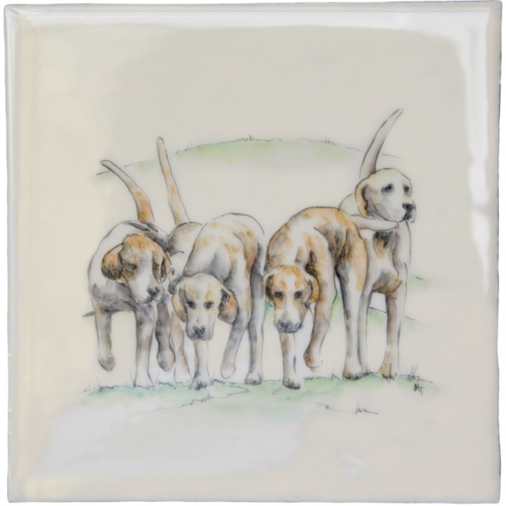 Cut out of hand painted fox hound dogs square tile with an ivory background
