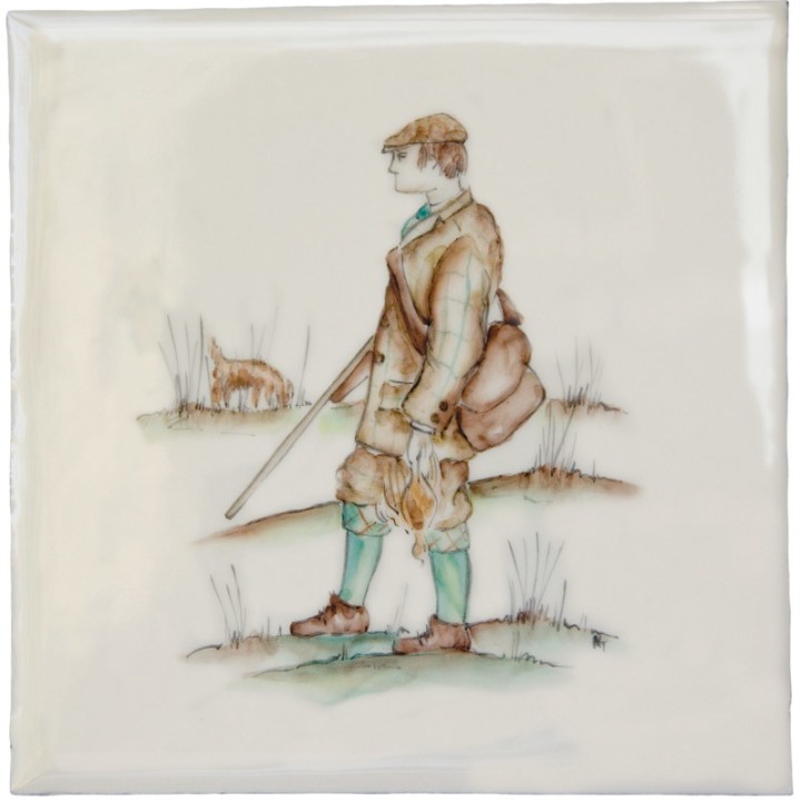 Cut out of hand painted gamekeeper country square tile with an ivory background