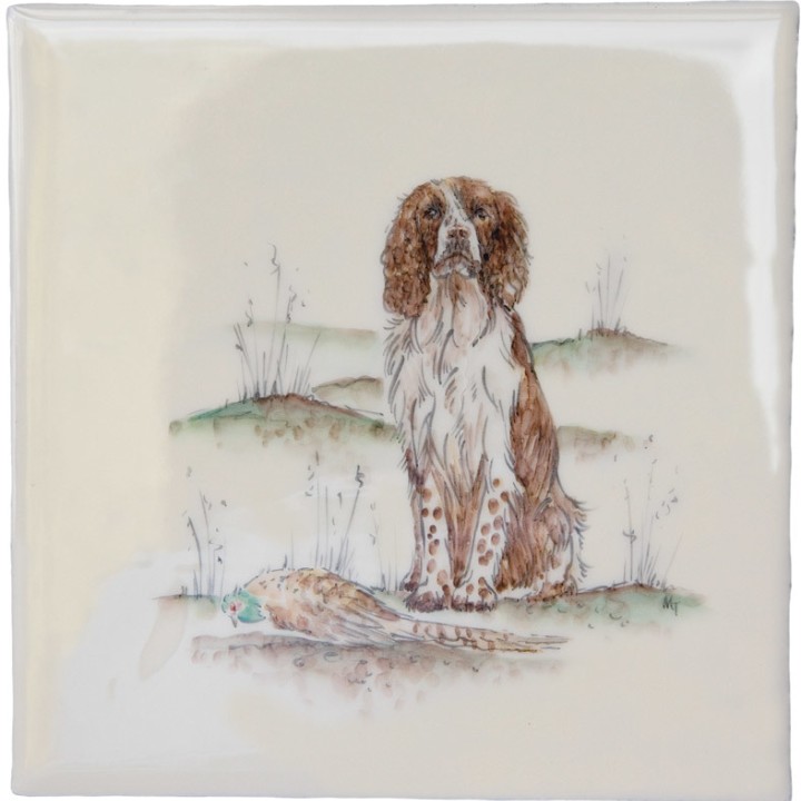 Cut out of hand painted spaniel dog square tile with an ivory background