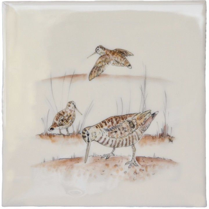 Cut out of hand painted woodcock birds square tile with an ivory background