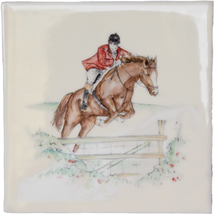 Cut out of hand painted horse jumping square tile with an ivory background