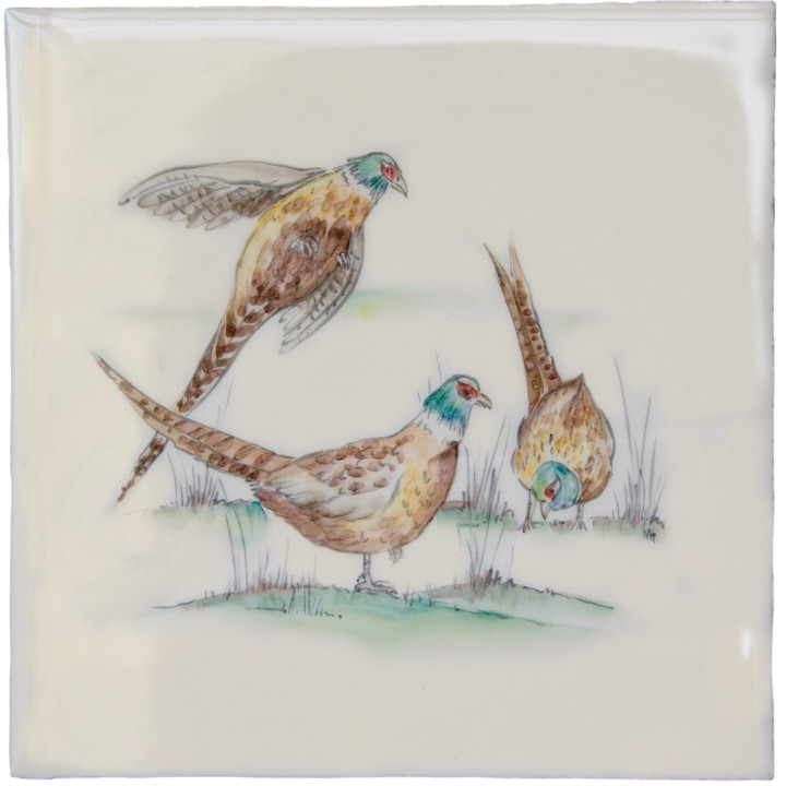 Cut out of hand painted pheasant birds square tile with an ivory background