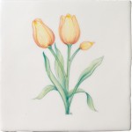 Cut out of hand painted tulip flower square tile with an ivory background