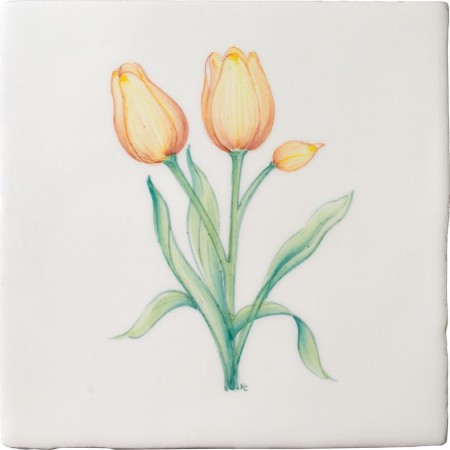 Cut out of hand painted tulip flower square tile with an ivory background