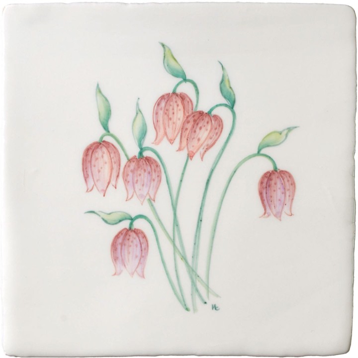 Cut out of hand painted Fritillary flower square tile with an ivory background