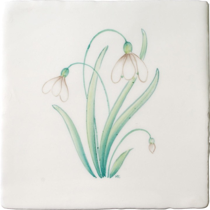 Cut out of hand painted snowdrop flower square tile with an ivory backdrop