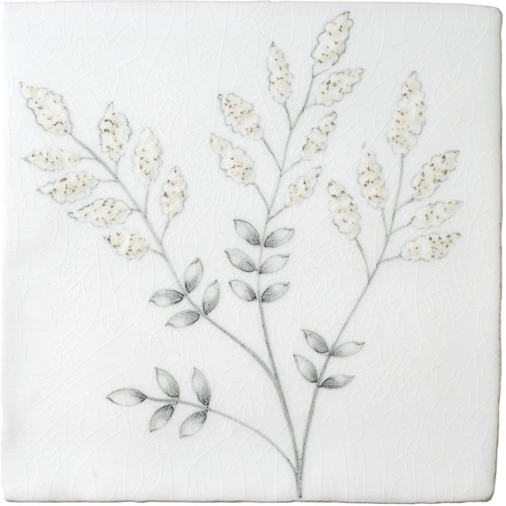 Cut out of a white square tile with a wild grass illustration in a charcoal style