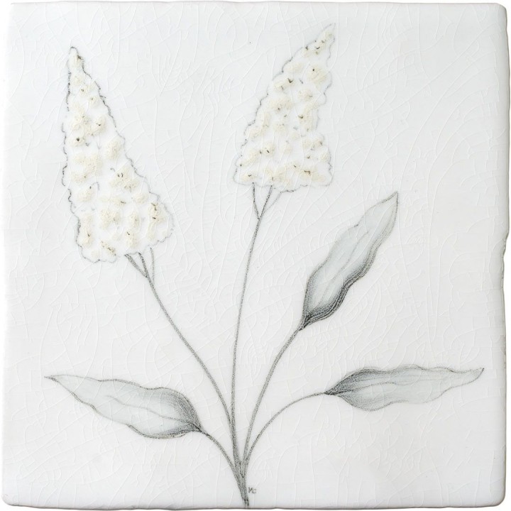 Cut out of a white square tile with a pampas grass illustration in a charcoal style