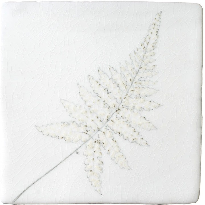 Cut out of a white square tile with an ornamental grass illustration in a charcoal style