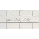 Cut out of three word metro tiles with the words 'Jam Roly Poly' hand painted on them