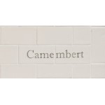 Cut out of two word metro tiles with the word 'Camembert' hand painted on them