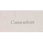 Cut out of two word metro tiles with the word 'Camembert' hand painted on them
