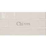 Cut out of two word metro tiles with the word 'Chives' hand painted on them