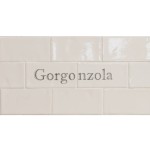 Cut out of two word metro tiles with the word 'Gorgonzola' hand painted on them