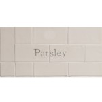 Cut out of two word metro tiles with the word 'Parsley' hand painted on them