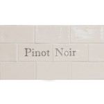 Cut out of two word metro tiles with the word 'Pinot Noir' hand painted on them