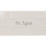 Cut out of two word metro tiles with the word 'St Agur' hand painted on them