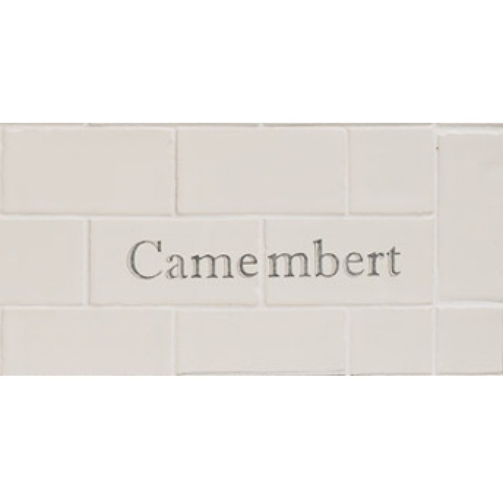 Cut out of two word metro tiles with the word 'Camembert' hand painted on them