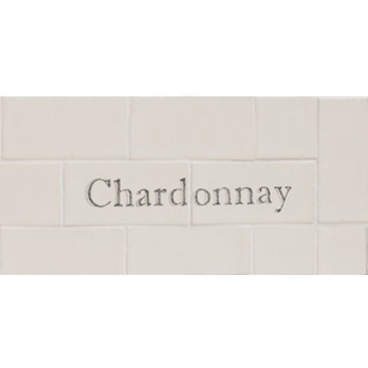 Cut out of two word metro tiles with the word 'Chardonnay' hand painted on them