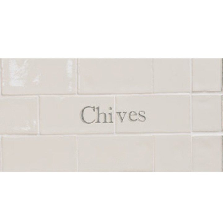 Cut out of two word metro tiles with the word 'Chives' hand painted on them