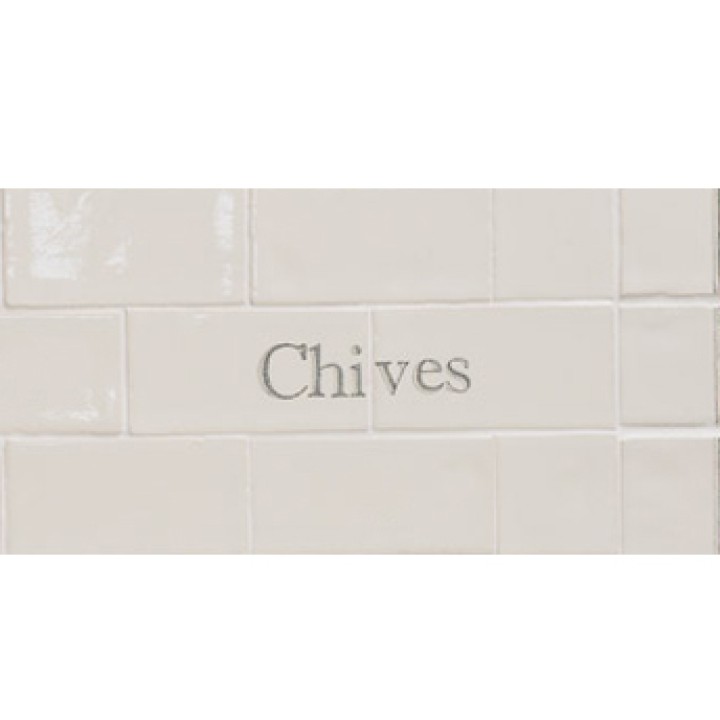 Cut out of two word metro tiles with the word 'Chives' hand painted on them