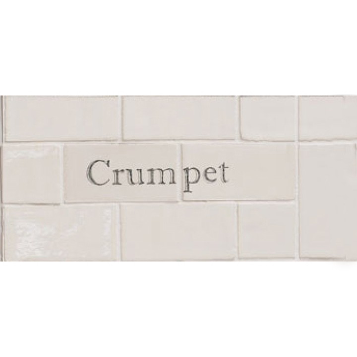 Cut out of two word metro tiles with the word 'crumpet' hand painted on them