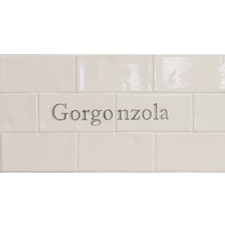 Cut out of two word metro tiles with the word 'Gorgonzola' hand painted on them