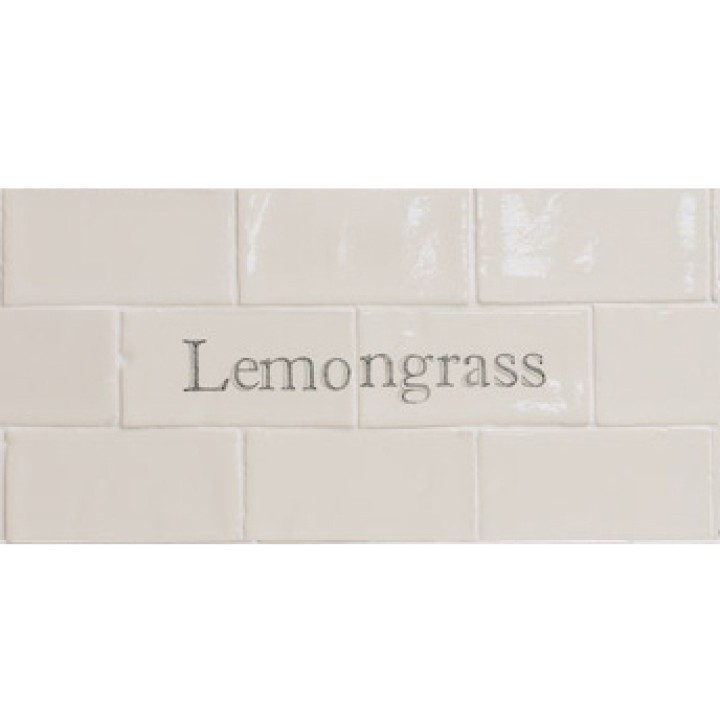 Cut out of two word metro tiles with the word 'Lemongrass' hand painted on them