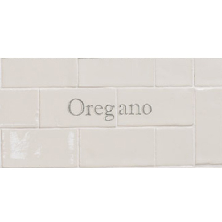 Cut out of two word metro tiles with the word 'Oregano' hand painted on them