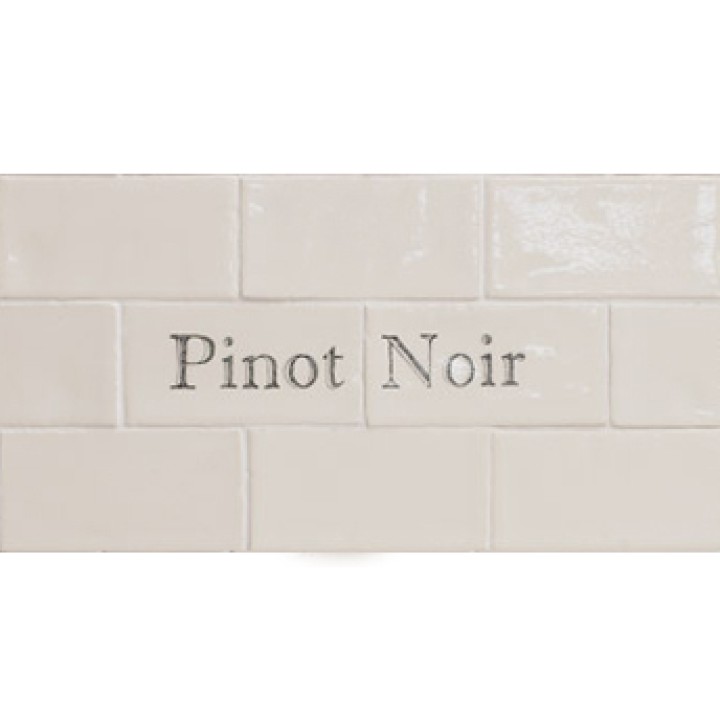 Cut out of two word metro tiles with the word 'Pinot Noir' hand painted on them