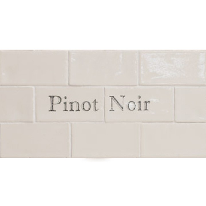 Cut out of two word metro tiles with the word 'Pinot Noir' hand painted on them