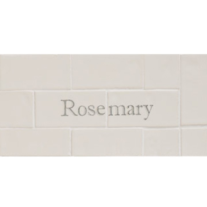 Cut out of two word metro tiles with the word 'Rosemary' hand painted on them