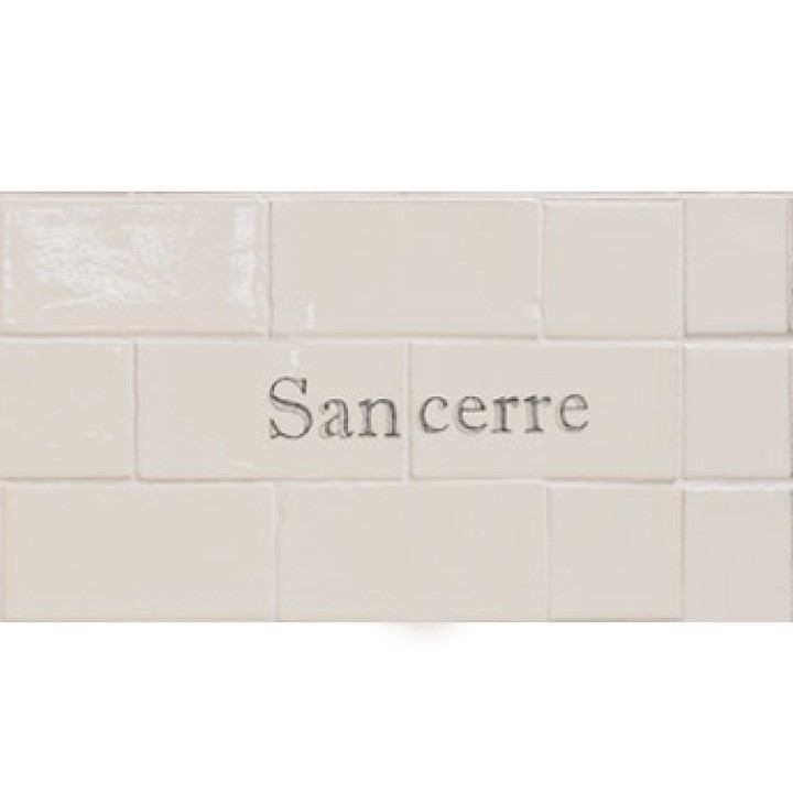 Cut out of two word metro tiles with the word 'Sancerre' hand painted on them