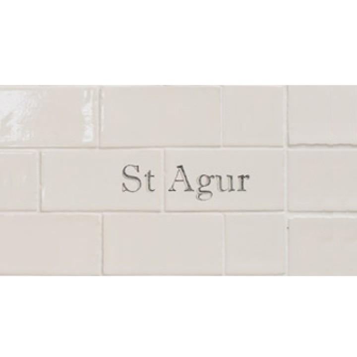 Cut out of two word metro tiles with the word 'St Agur' hand painted on them