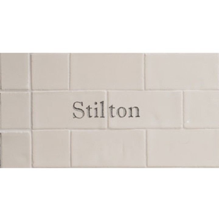Cut out of two word metro tiles with the word 'Stilton' hand painted on them