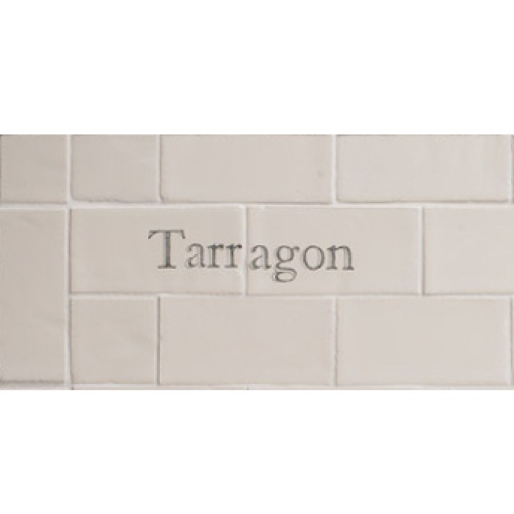Cut out of two word metro tiles with the word 'Tarragon' hand painted on them