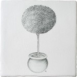 A cut out of an antique white square tile with topiary illustration in a charcoal style