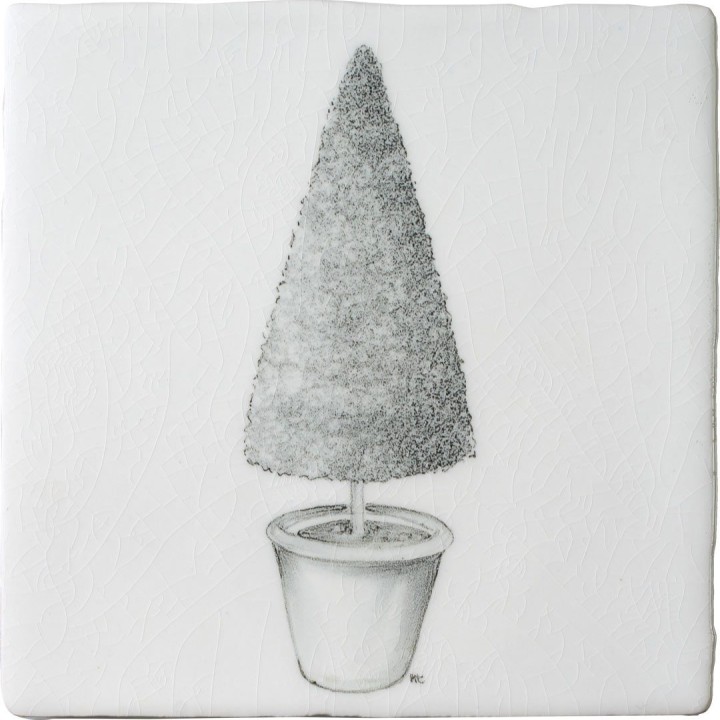 A cut out of an antique white square tile with topiary illustration in a charcoal style