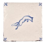 Cut out image of white tile with handpainted delft fox illustration and ornate corners
