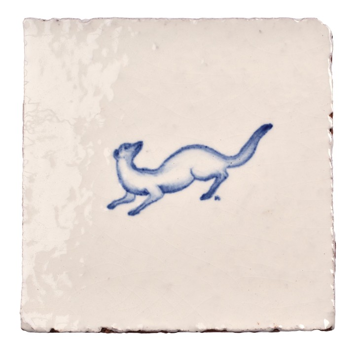 Cut out image of white tile with handpainted delft blue pine marten illustration