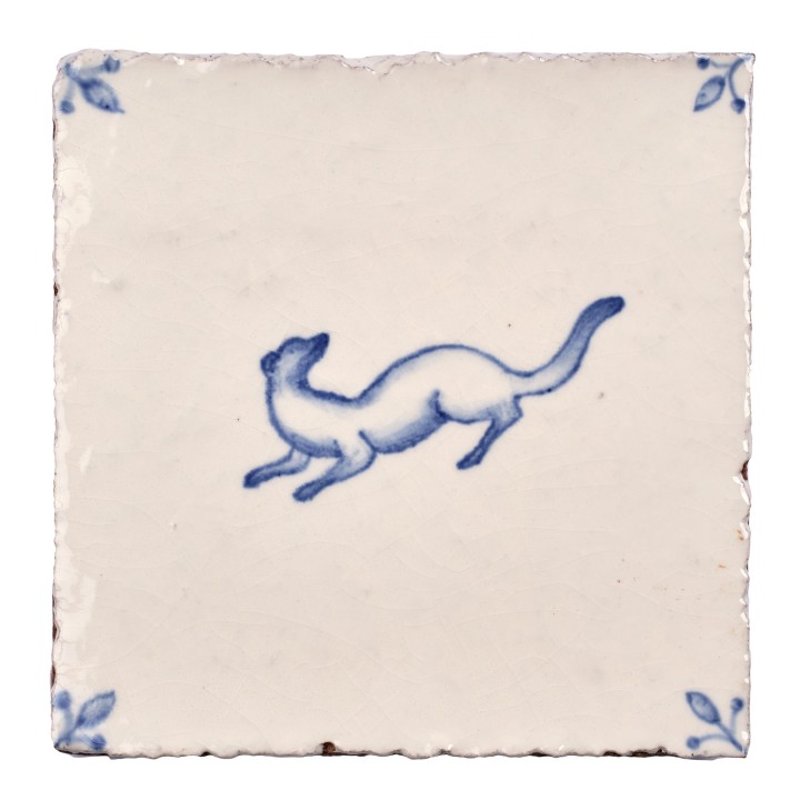Cut out image of white tile with handpainted delft pine martin illustration and ornate corners