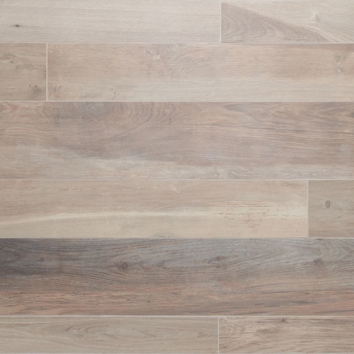 Oak wood effect porcelain small floor tiles in varying sizes with beige grout