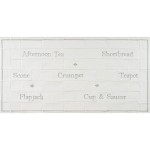 Word tile splashback panel with afternoon tea words like crumpet, teapot and scones framed with a border and diamond tiles