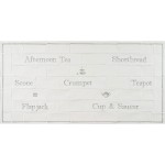 Cut out of word tile splashback panel with names of afternoon tea words and illustrations like cake stands, flapjack and shortbread framed with a border.